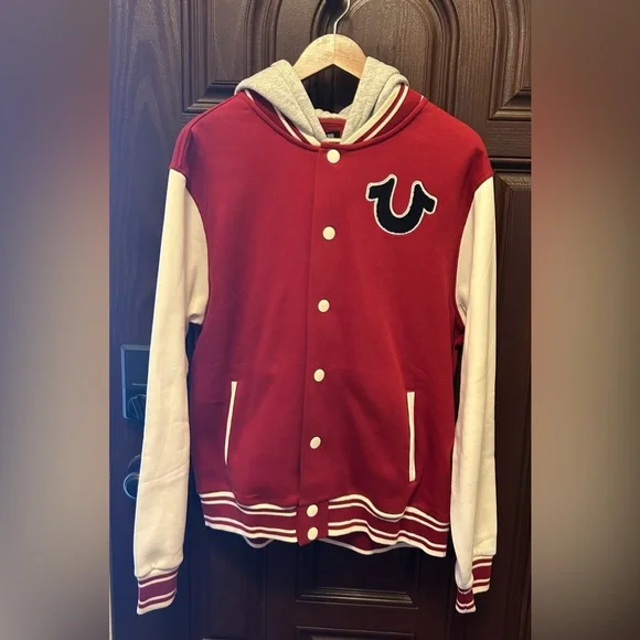 True Religion Red and Gray Hooded Fleece Varsity Jacket-Size Medium NWT😀 - Picture 1 of 4